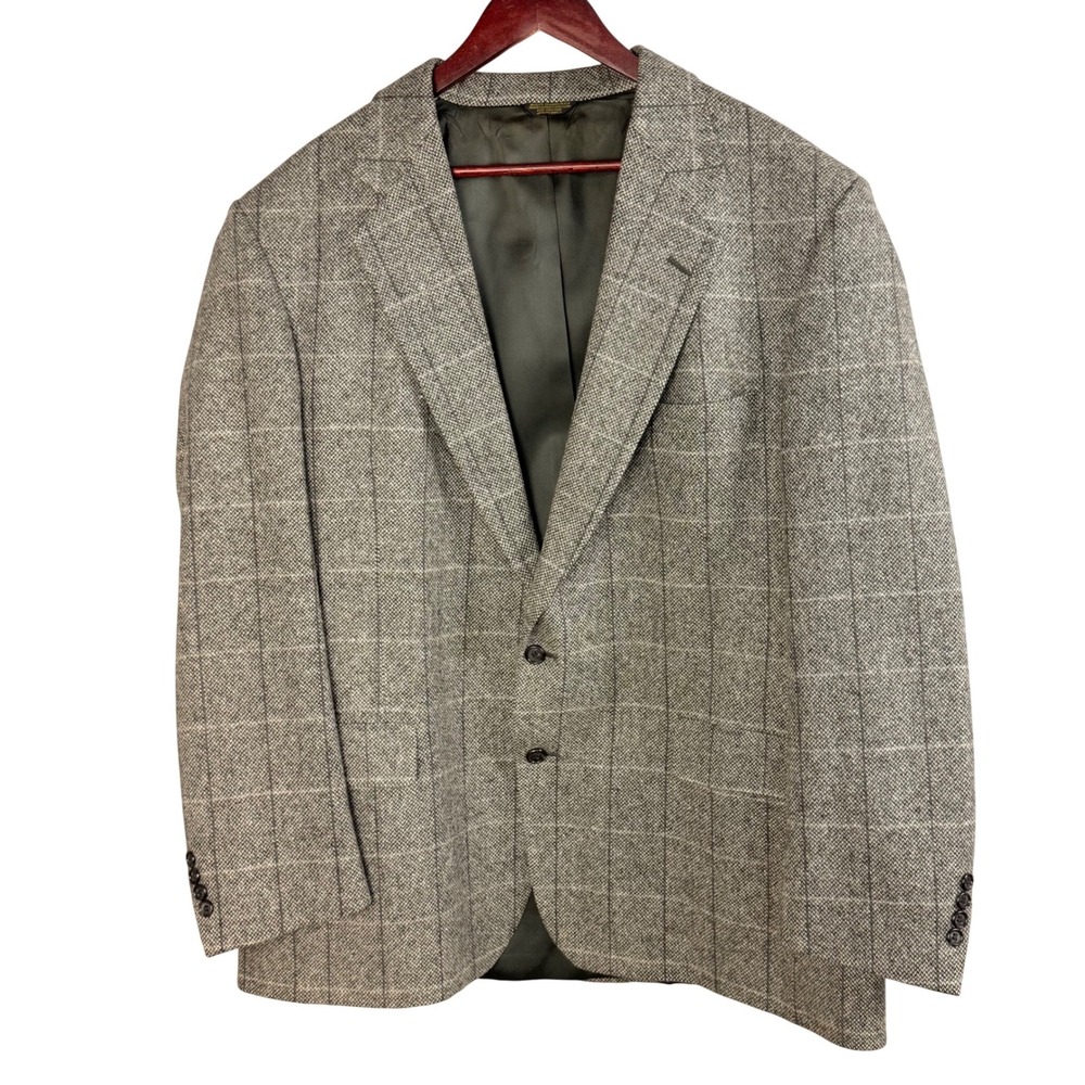 Vtg John Weitz Wool Blazer Mens Big Tall USA Union Made Gray Plaid Sport Coat